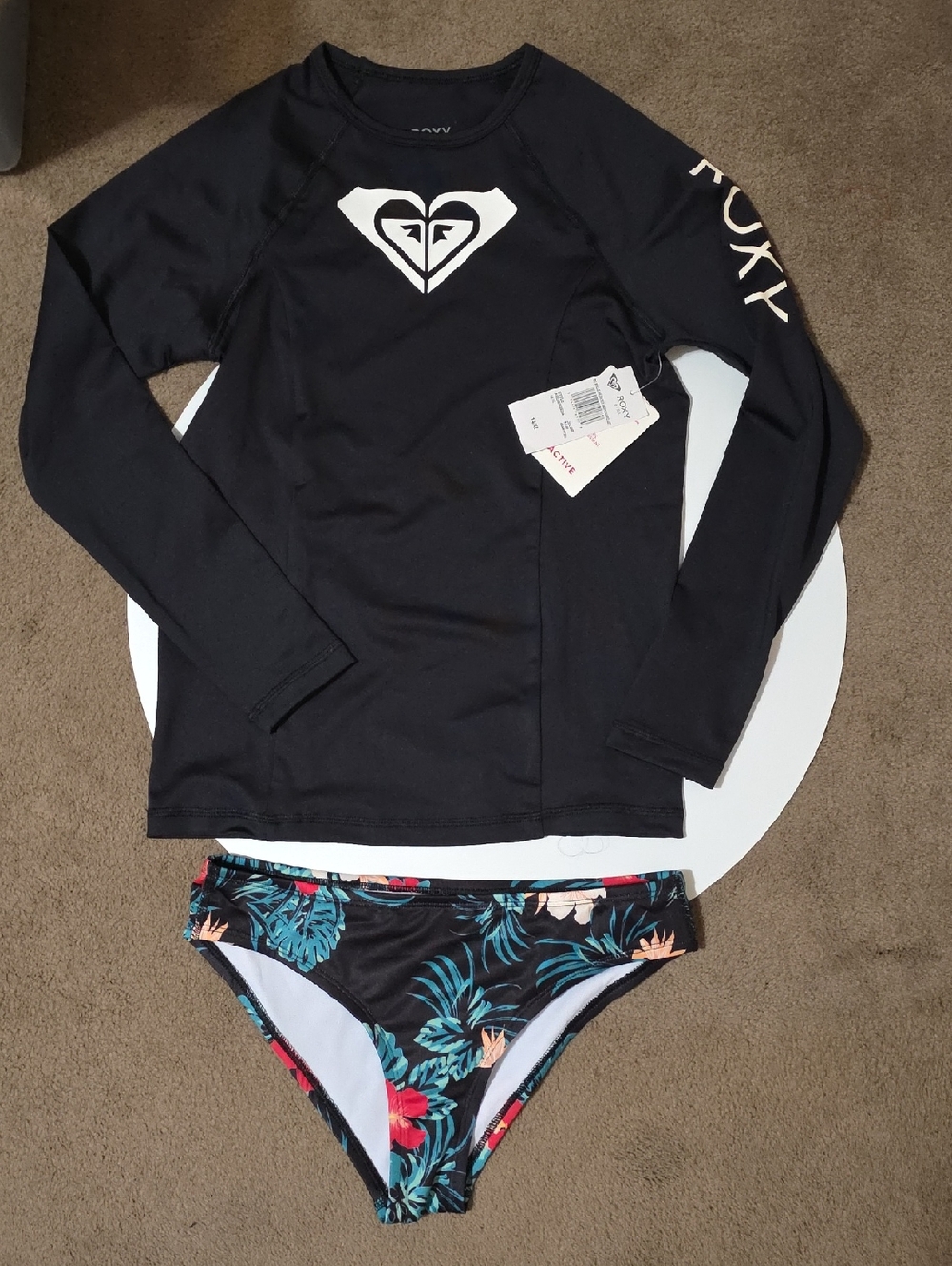 Roxy Black Rash Guard with Tropical Floral Bikini Bottoms